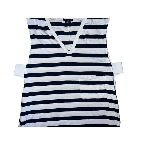 Theory Black & White Striped Top Sz S | Sleeveless V-Neck Preppy Luxury Blouse - Picture 4 of 7